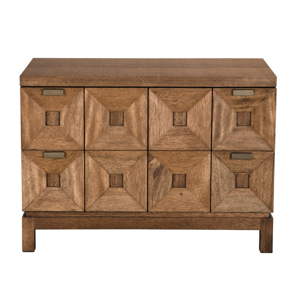 Musashi Sculptural 2 Drawer Walnut Veneer Cabinet with Brass Pulls for Bedroom or Entryway