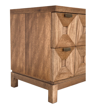 Musashi Sculptural 2 Drawer Walnut Veneer Cabinet with Brass Pulls for Bedroom or Entryway