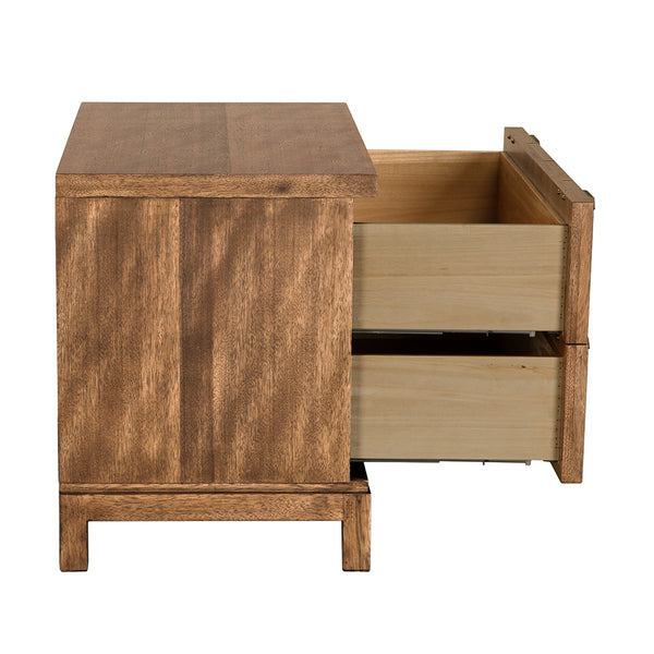 Musashi Sculptural 2 Drawer Walnut Veneer Cabinet with Brass Pulls for Bedroom or Entryway