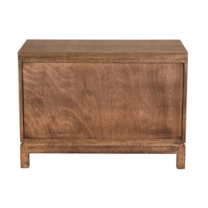 Musashi Sculptural 2 Drawer Walnut Veneer Cabinet with Brass Pulls for Bedroom or Entryway