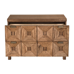 Musashi Sculptural 2 Drawer Walnut Veneer Cabinet with Brass Pulls for Bedroom or Entryway