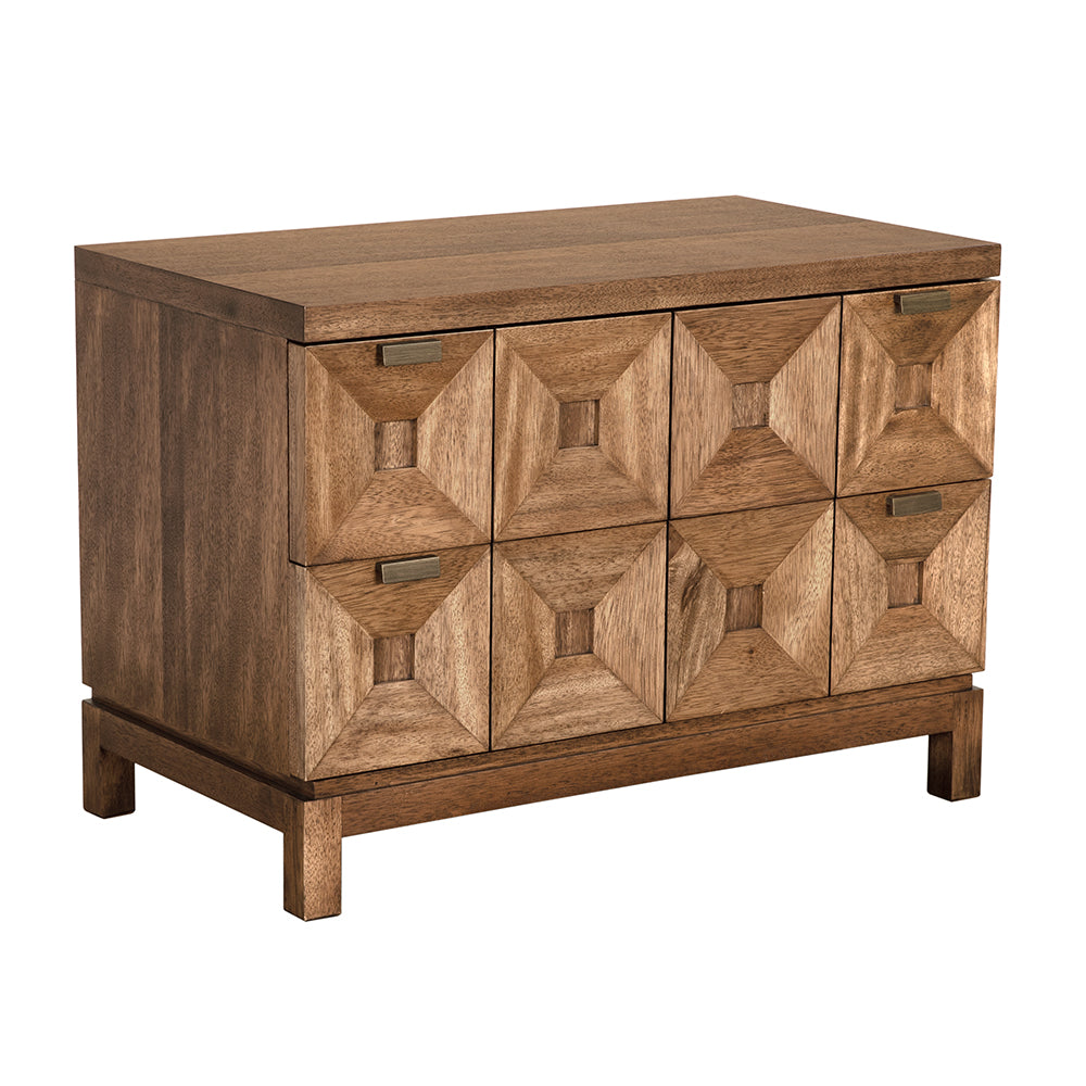 Musashi Sculptural 2 Drawer Walnut Veneer Cabinet with Brass Pulls for Bedroom or Entryway