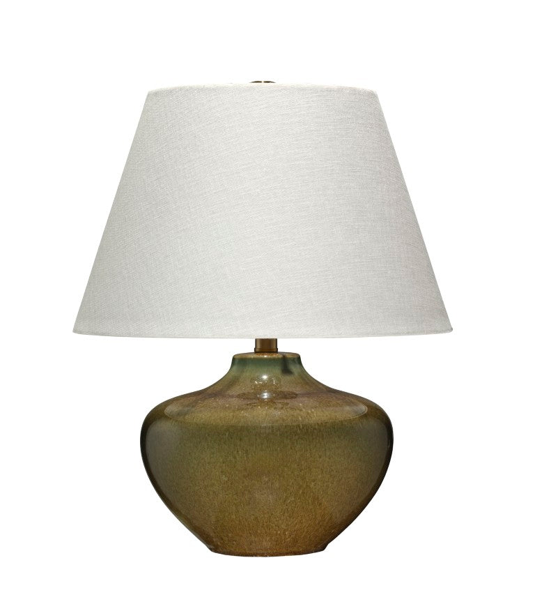 Jamie Young Co. Monroe Mid-Century Ceramic Table Lamp In Olive Green Reactive Glaze With Linen Shade & Brass Accents 9MONROETLOG
