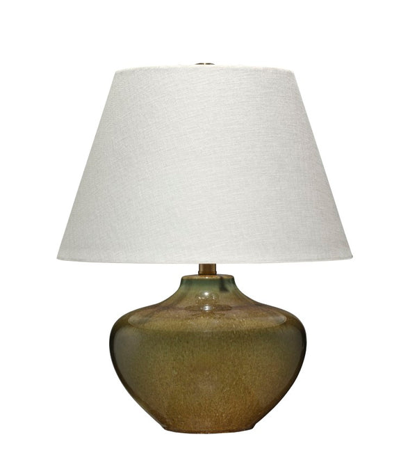 Jamie Young Co. Monroe Mid-Century Ceramic Table Lamp In Olive Green Reactive Glaze With Linen Shade & Brass Accents 9MONROETLOG
