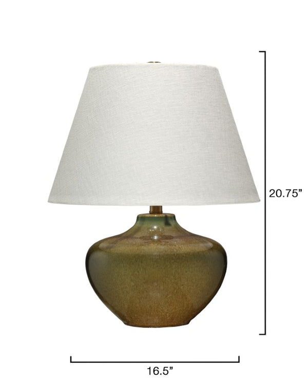Jamie Young Co. Monroe Mid-Century Ceramic Table Lamp In Olive Green Reactive Glaze With Linen Shade & Brass Accents 9MONROETLOG