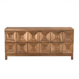 Musashi Sculptural 2 Drawer Walnut Veneer Cabinet with Brass Pulls for Bedroom or Entryway