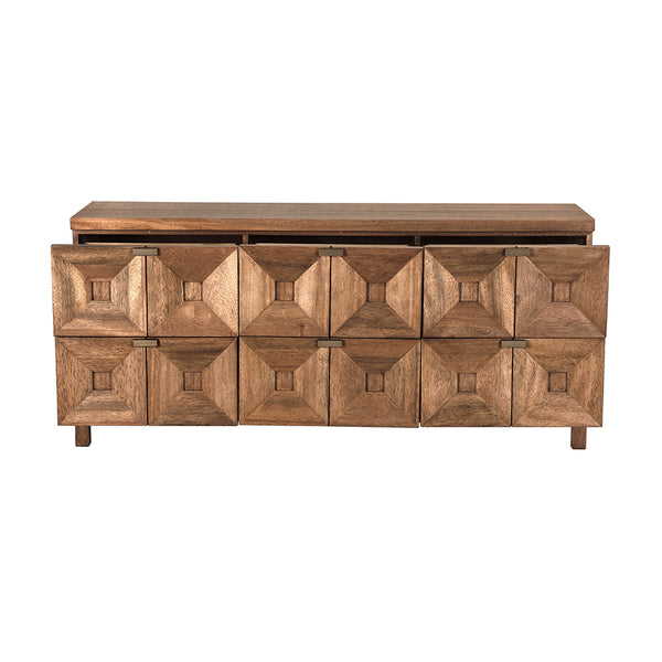 Musashi Sculptural 2 Drawer Walnut Veneer Cabinet with Brass Pulls for Bedroom or Entryway