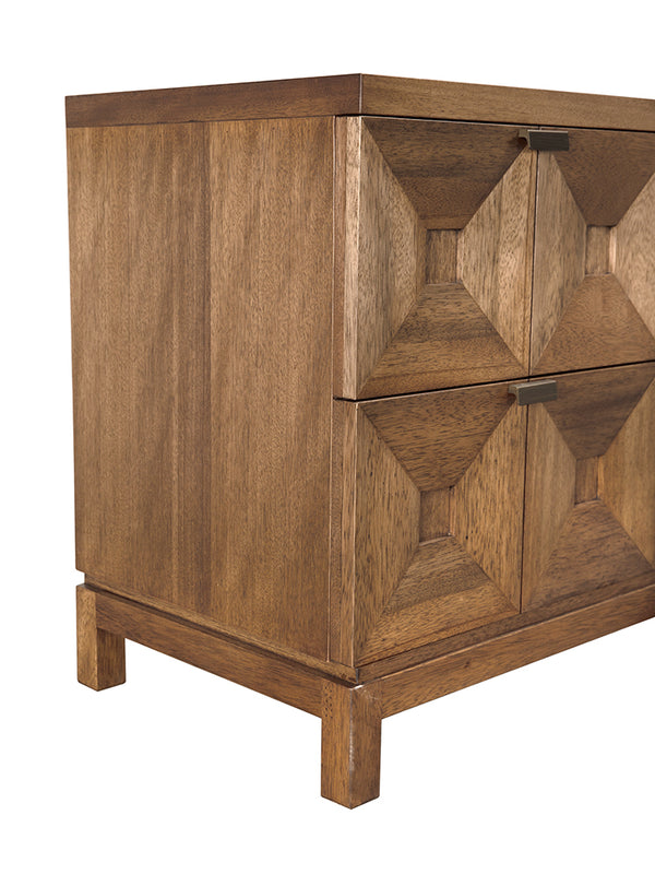Musashi Sculptural 2 Drawer Walnut Veneer Cabinet with Brass Pulls for Bedroom or Entryway