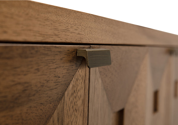 Musashi Sculptural 2 Drawer Walnut Veneer Cabinet with Brass Pulls for Bedroom or Entryway