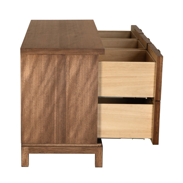 Musashi Sculptural 2 Drawer Walnut Veneer Cabinet with Brass Pulls for Bedroom or Entryway