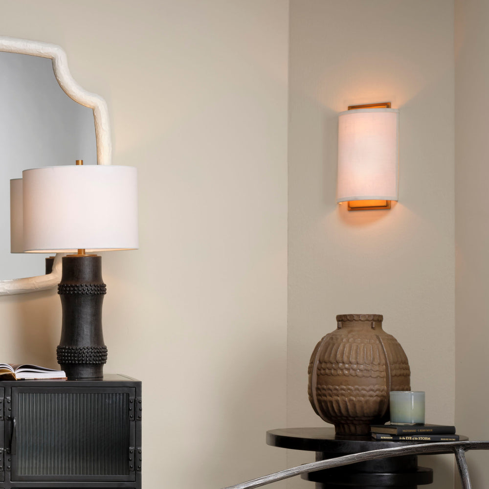Jamie Young Co. Riley Textured White Linen Wall Sconce With Antique Brass Backplate — Soft Ambient Lighting, Dimmer Compatible 4RILE-SCWH