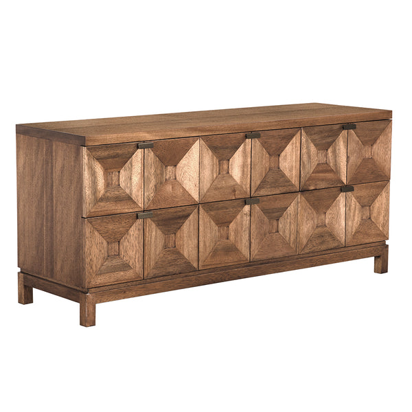 Musashi Sculptural 2 Drawer Walnut Veneer Cabinet with Brass Pulls for Bedroom or Entryway
