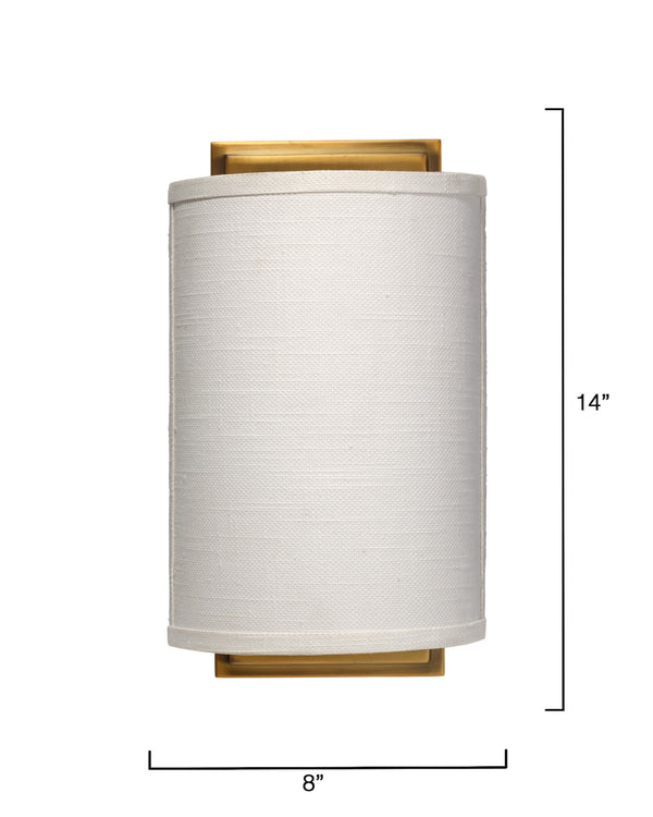 Jamie Young Co. Riley Textured White Linen Wall Sconce With Antique Brass Backplate — Soft Ambient Lighting, Dimmer Compatible 4RILE-SCWH