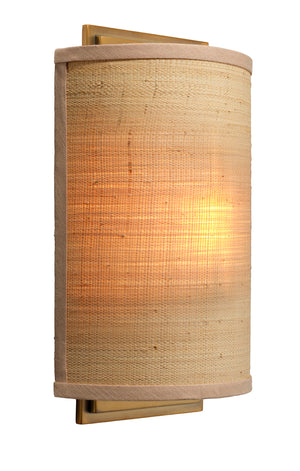 Jamie Young Co. Riley Raffia Wall Sconce — Handcrafted Natural Shade, Antique Brass Backplate, Dimmable Ambient Light 4RILE-SCRA