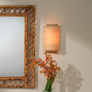 Jamie Young Co. Riley Raffia Wall Sconce — Handcrafted Natural Shade, Antique Brass Backplate, Dimmable Ambient Light 4RILE-SCRA