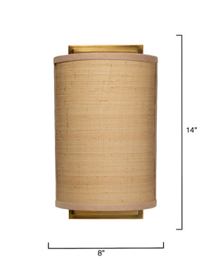 Jamie Young Co. Riley Raffia Wall Sconce — Handcrafted Natural Shade, Antique Brass Backplate, Dimmable Ambient Light 4RILE-SCRA