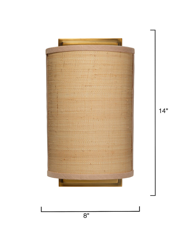 Jamie Young Co. Riley Raffia Wall Sconce — Handcrafted Natural Shade, Antique Brass Backplate, Dimmable Ambient Light 4RILE-SCRA