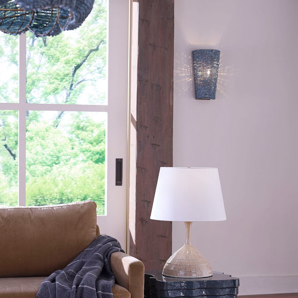 Jamie Young Co. Seawall Beaded Cone Wall Sconce In Soft Blue With Mango Wood Beads, Antique Brass Accents, Indoor Lighting 4SEAW-COBL