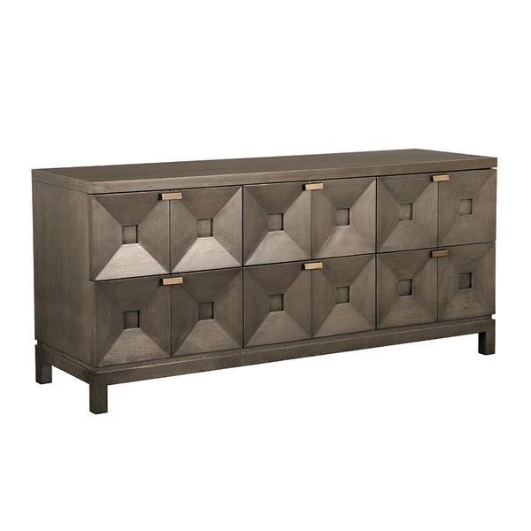 Musashi Sculptural Two Drawer Console with Walnut Veneer and Brass Accents for Modern Spaces