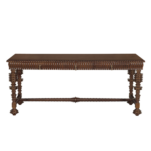 Portuguese Solid Mahogany Executive Desk with Brass Hardware for Study or Home Office