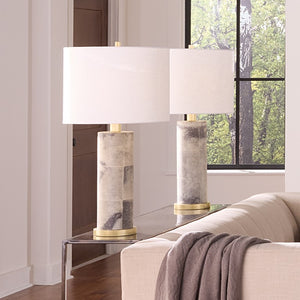 Jamie Young Co. Rivet Vellum Table Lamp Grey With Ribbed Brass Base, White Ramie Shade, Rustic Texture, Dimmable 9RIVETTLGR