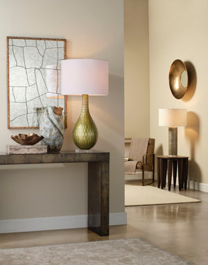 Jamie Young Co. Serpentine Etched Glass Table Lamp Chartreuse With Linen Drum Shade, Mercury Finish Acrylic Base Glamour 9SEPENTTLCEG