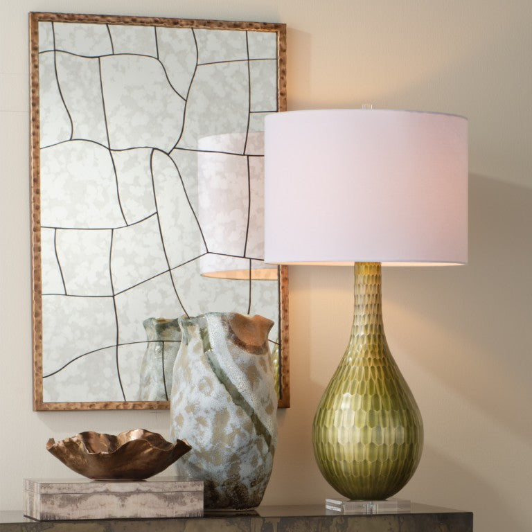 Jamie Young Co. Serpentine Etched Glass Table Lamp Chartreuse With Linen Drum Shade, Mercury Finish Acrylic Base Glamour 9SEPENTTLCEG