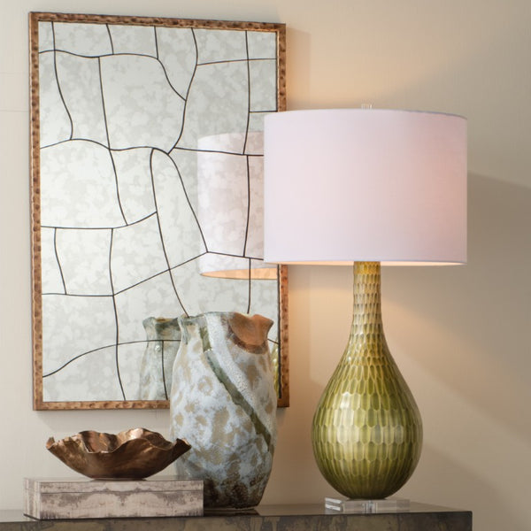 Jamie Young Co. Serpentine Etched Glass Table Lamp Chartreuse With Linen Drum Shade, Mercury Finish Acrylic Base Glamour 9SEPENTTLCEG