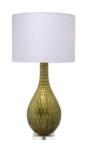 Jamie Young Co. Serpentine Etched Glass Table Lamp Chartreuse With Linen Drum Shade, Mercury Finish Acrylic Base Glamour 9SEPENTTLCEG