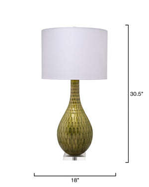 Jamie Young Co. Serpentine Etched Glass Table Lamp Chartreuse With Linen Drum Shade, Mercury Finish Acrylic Base Glamour 9SEPENTTLCEG