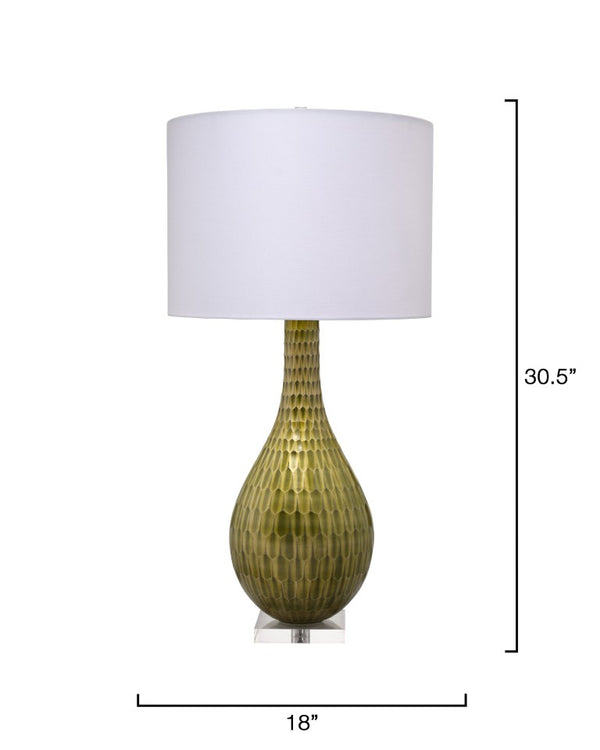 Jamie Young Co. Serpentine Etched Glass Table Lamp Chartreuse With Linen Drum Shade, Mercury Finish Acrylic Base Glamour 9SEPENTTLCEG