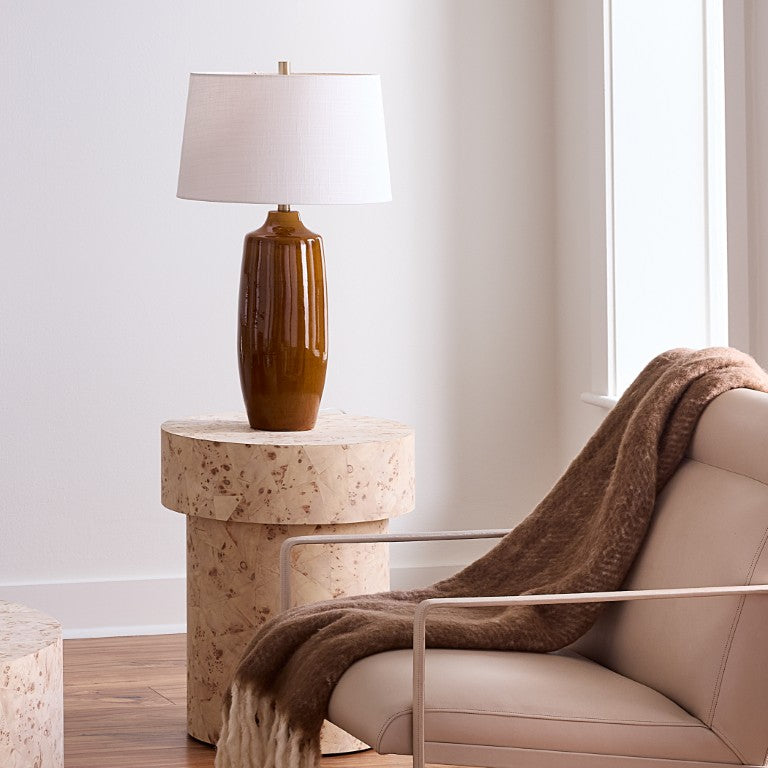 Jamie Young Co. Toffee Ceramic Table Lamp With Rich Reactive Glaze, Linen Tapered Drum Shade, Warm Artisan Accent 9TOFFEETLBR