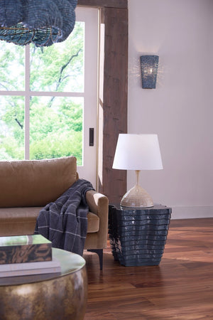 Jamie Young Co. Trumpet Ceramic Table Lamp With Carved Textured Base, Beige Reactive Glaze & Linen Shade, 12"H 9TRUMPETTLBE