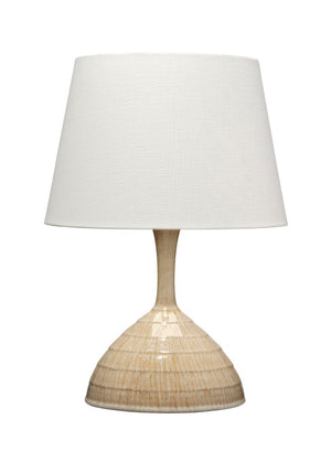 Jamie Young Co. Trumpet Ceramic Table Lamp With Carved Textured Base, Beige Reactive Glaze & Linen Shade, 12"H 9TRUMPETTLBE