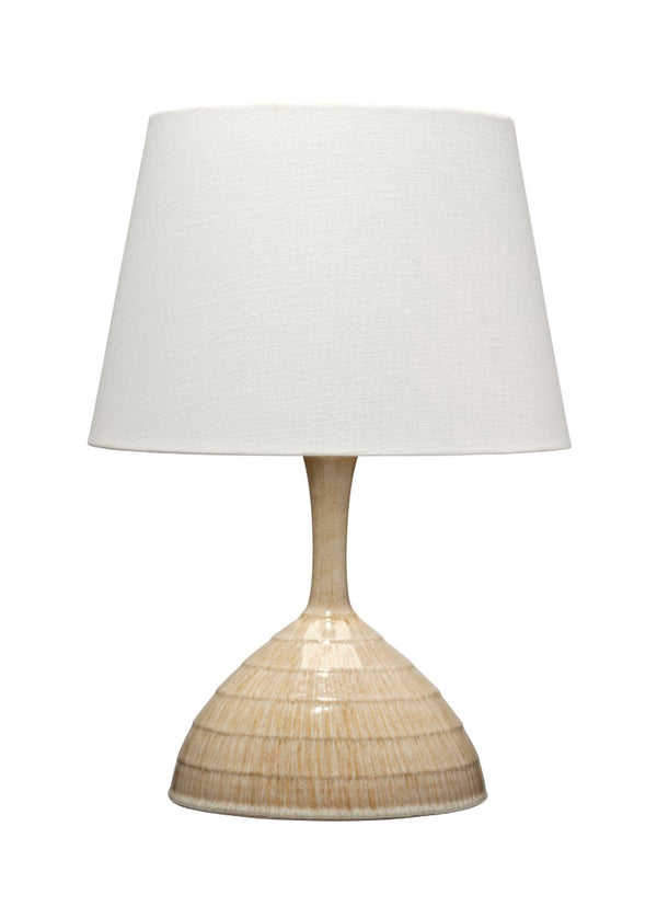 Jamie Young Co. Trumpet Ceramic Table Lamp With Carved Textured Base, Beige Reactive Glaze & Linen Shade, 12"H 9TRUMPETTLBE