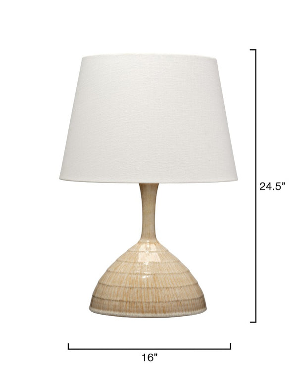 Jamie Young Co. Trumpet Ceramic Table Lamp With Carved Textured Base, Beige Reactive Glaze & Linen Shade, 12"H 9TRUMPETTLBE