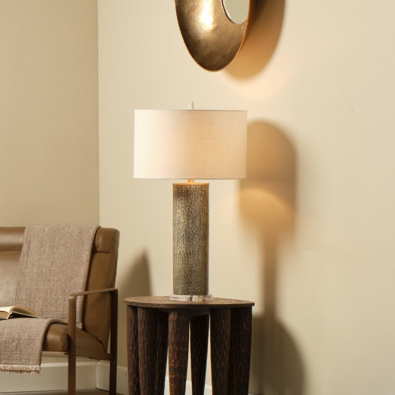Jamie Young Co. Viper Hand-Etched Glass Table Lamp In Truffle With Linen Drum Shade, Acrylic Base, Glamorous Accent 9VIPERTLINEG
