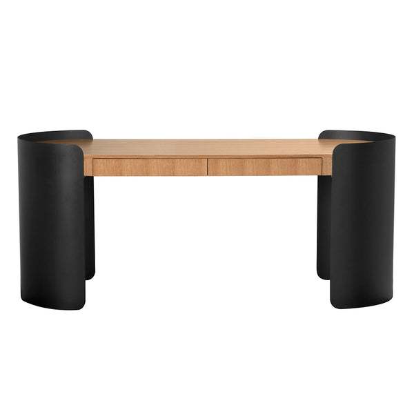 Tessio Solid White Oak Home Office Desk with Matte Steel Base and Built-in Drawers