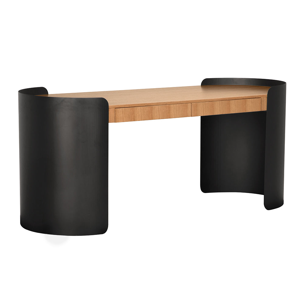 Tessio Solid White Oak Home Office Desk with Matte Steel Base and Built-in Drawers