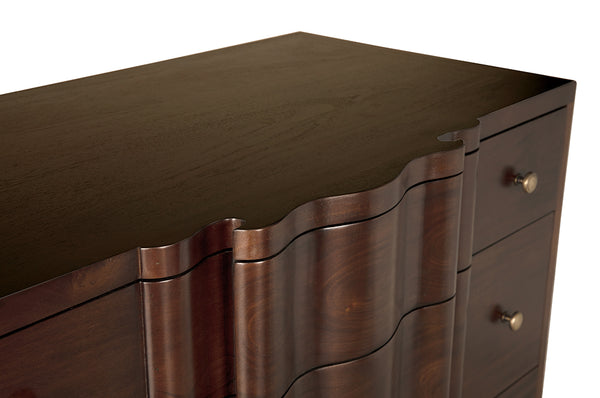 Kiss Mahogany Veneer Dresser with Brass Pulls and Hand Rubbed Finish for Bedroom Storage