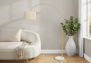 Monarch Specialties Lighting, Arched Brass Floor Lamp With Marble Base And Fabric Drum Shade For Ambient & Task Light BEIGE I 9640