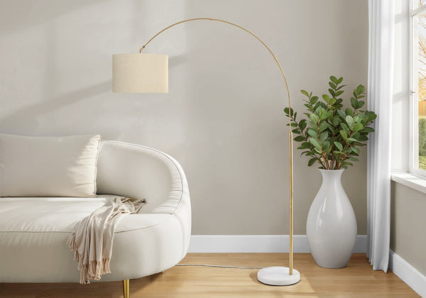 Monarch Specialties Lighting, Arched Brass Floor Lamp With Marble Base And Fabric Drum Shade For Ambient & Task Light BEIGE I 9640