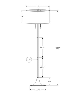 Monarch Specialties Lighting, Contemporary 61" Floor Lamp With Ivory Drum Shade, Slim Metal Base, Warm Ambient Glow, Pull-Chain SILVER,WHITE I 9681