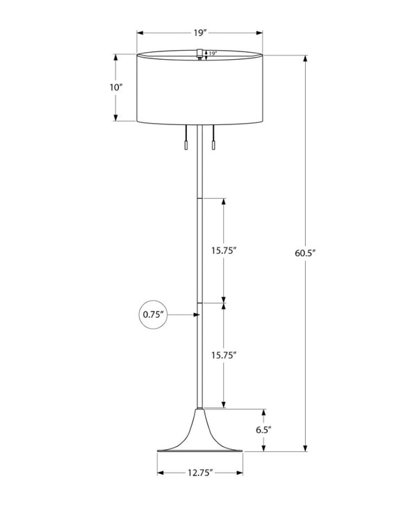 Monarch Specialties Lighting, Contemporary 61" Floor Lamp With Ivory Drum Shade, Slim Metal Base, Warm Ambient Glow, Pull-Chain SILVER,WHITE I 9681