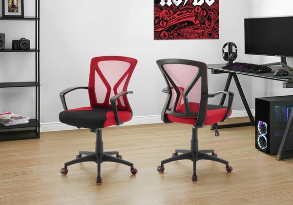 Monarch Specialties Office Ergonomic Mesh Chair With Lumbar Support, Adjustable Height, Tilt, Swivel, Durable Metal Base BLACK,RED I 7357