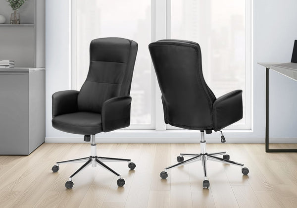 Monarch Specialties Office Executive Chair With High-Back Comfort, Leather-Look Upholstery, Chrome Base, Ergonomic Support BLACK I 7323