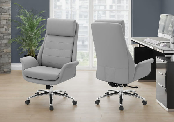 Monarch Specialties Office Chair Ergonomic High-Back With Plush Leather-Look Upholstery, Chrome Accents, Swivel Comfort LIGHT GREY I 7251