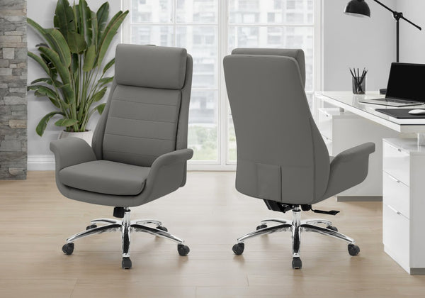 Monarch Specialties Office Chair Ergonomic High-Back With Plush Leather-Look Upholstery, Chrome Accents, Swivel Comfort DARK GREY I 7252
