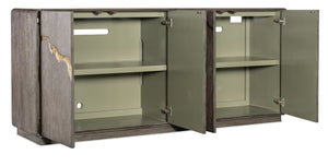 Hooker Furniture Melange Dark Oak Fissured Entertainment Credenza With Gold Accents, Olive Interior & Media Storage 628-55068-89