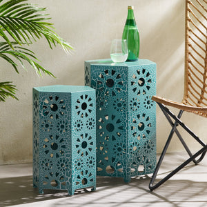 English Elm Eliana Outdoor Iron Nesting Side Tables with Sunburst Cutout and Crackle Finish Patio Accent Set Teal 69740.00CT